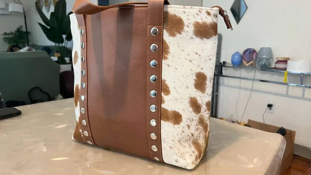 Genuine Cowhide Leather Tote Bag 15x11x4 Western Style Hair-On Hide Brown White
