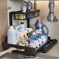 2 Tier Under Sink Organizer Pull Out Cabinet Storage Shelf Black