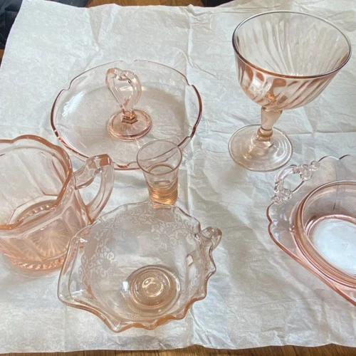 Vintage Pink Pressed Glass Dish Set of 6, Great Depression Style