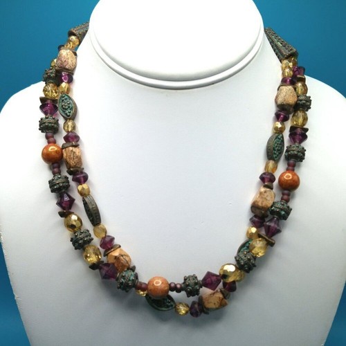 Chico's Gemstone Beaded Necklace, Brass Beads End Caps, Quartz Glass Brass, 19" - Picture 2 of 12
