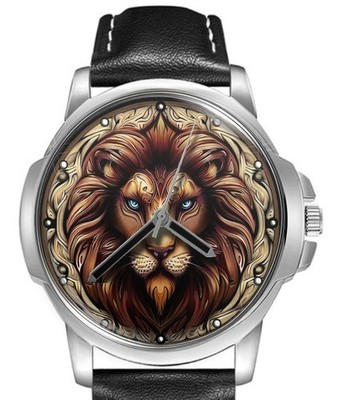 Löwe mit blauen Augen seltenes Lederarmband großes Zifferblatt Armbanduhr