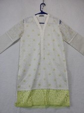 Unbeatable Kurta Kurti Top Tunic Dress Green White Embroidered Lace Hem Sheer S