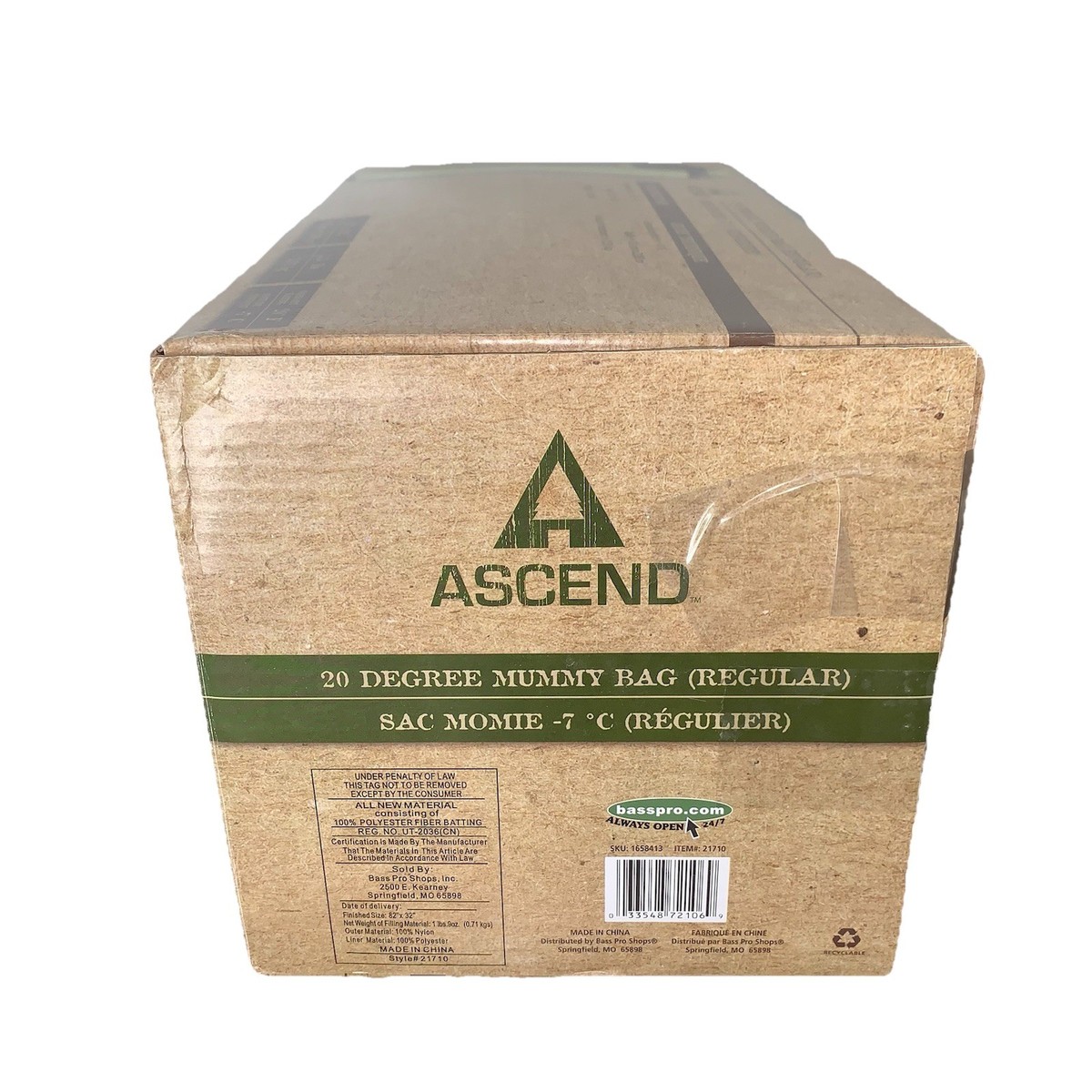 Bass Pro Ascend 20 Degree Mummy Sleeping Bag 32” x 82” Regular (NEW)