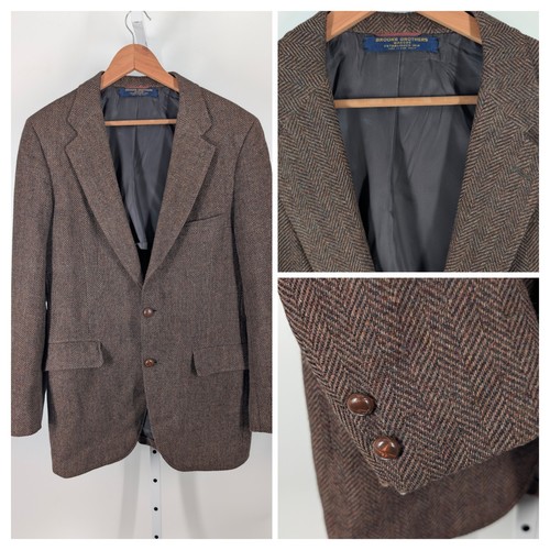 Brooks Brothers Vintage 70s 80s Herringbone Tweed Brown Blazer Jacket USA 40