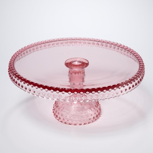 L E Smith Vtg Pink Hobnail Scalloped Pedestal Cake Plate Stand 11"dia