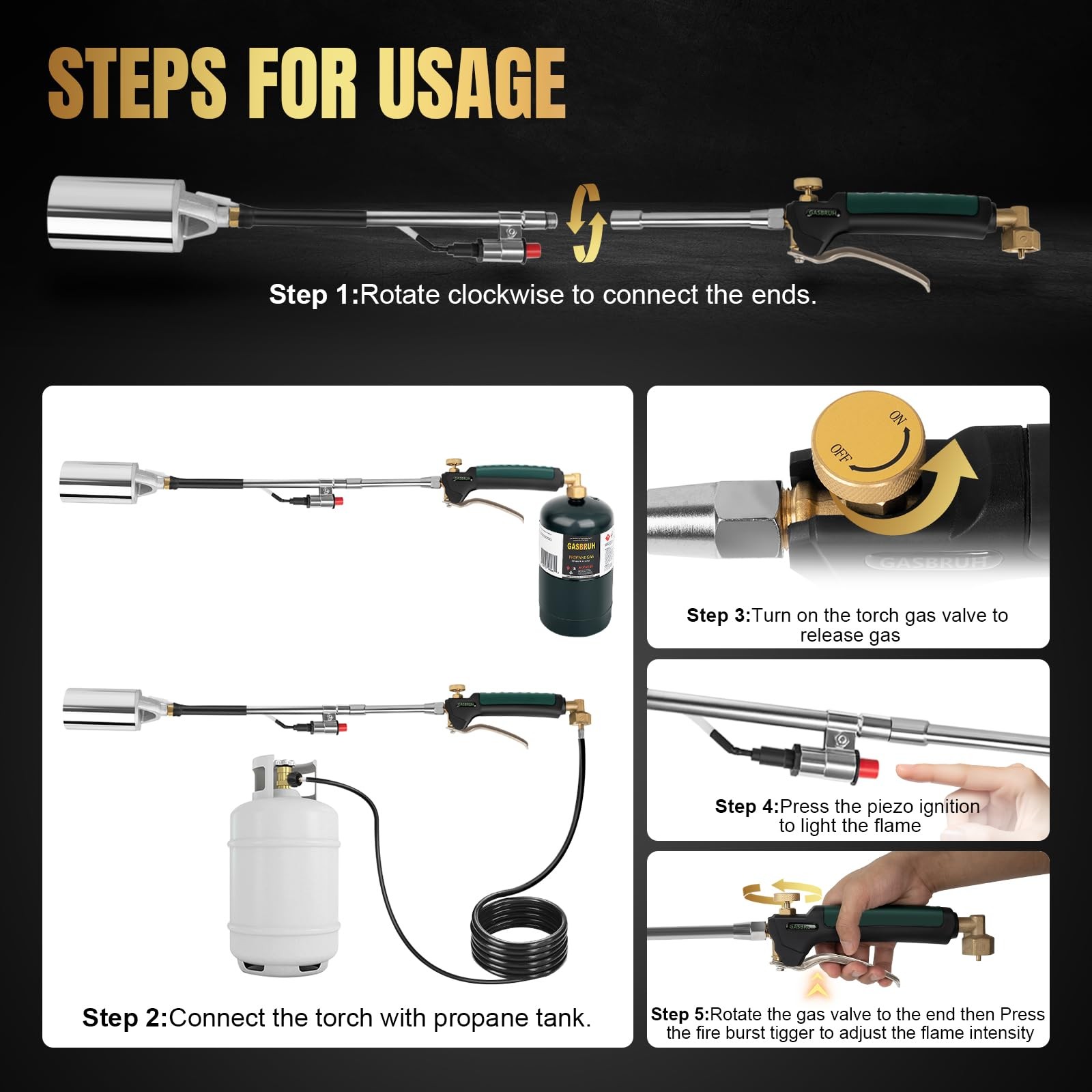 GasBRUH Heavy-Duty Propane Weed Torch Burner 360K BTU w/ 8.8FT Hose & Storage Ba