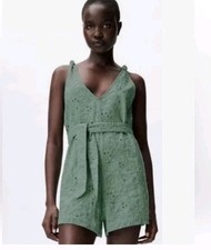 ZARA The Nara Sage Green Eyelet Embroidered Romper Tie Waist Pull-on Bohemian Sm