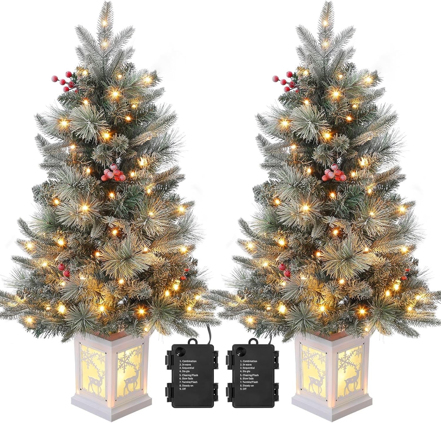 2Pcs 3Ft Pre-Lit Artificial Christmas Tree w/ LED Snow Flocked Xmas Tree Timer