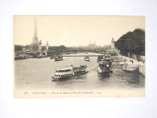 Antique PARIS France Postcard View of Seine River, Eiffel Tower & Boats 1920s