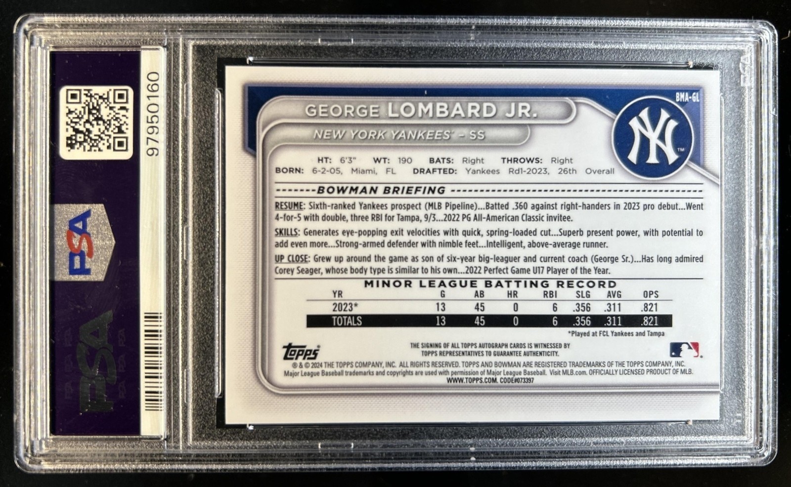 2024 Bowman Mega Box George Lombard Jr. Auto Mojo Green Refractor #/99 PSA 10 view 2