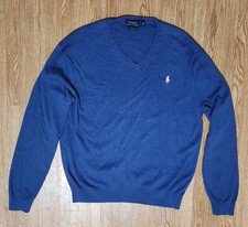 Polo Ralph Lauren Blue V-Neck 100 Pima Cotton Knit Jumper - Men's Large