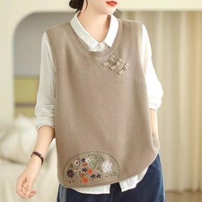 Gilet sans manches Femme Pull Coupe Encolure Côtelée Floral Rétro