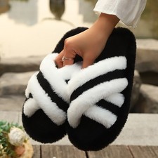 Women's Fluffy Platform Slippers Cross Strap Fuzzy Warm Slides Cozy Shoes NEW