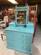 Blue Painted Dressing Table Chest of 4 Drawers with Mirror Vintage