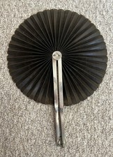 ANTIQUE COCKADE ROUND FOLDING MOURNING FAN BLACK  SILVER VINTAGE