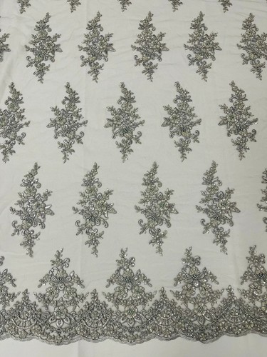 Fancy Border Cluster Fabric - Silver - Embroidered Beaded Flower Design By Yard - Picture 2 of 4