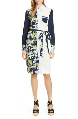 🤍 TORY BURCH Navy Blue Floral Patchwork Print Belted Silk