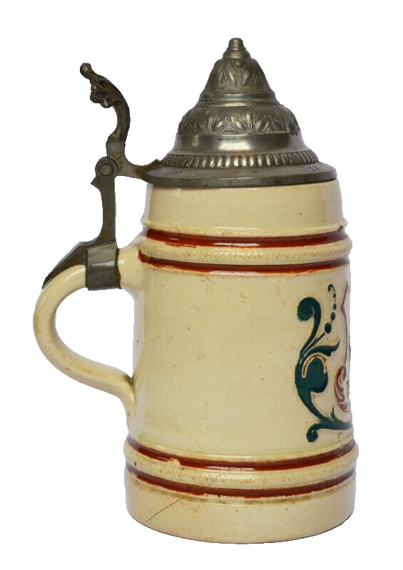 Bierkrug Krug Humpen Keramik mit Spruch Zinndeckel graviert 1894 Höhe 19 cm