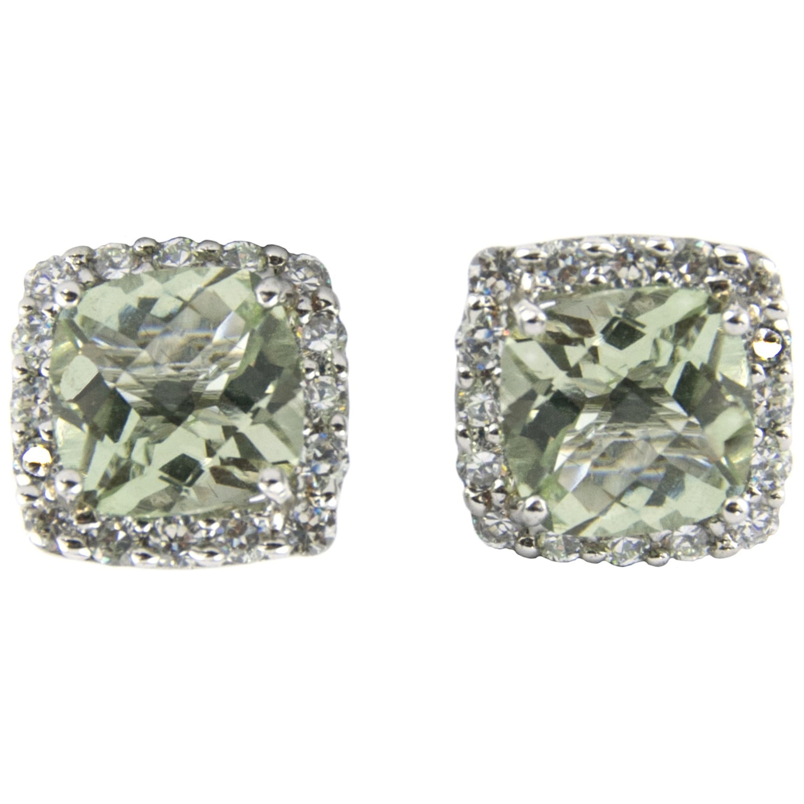 Серьги-гвоздики из натурального зеленого аметиста из стерлингового серебра с подушечками в форме ореола 2490₽