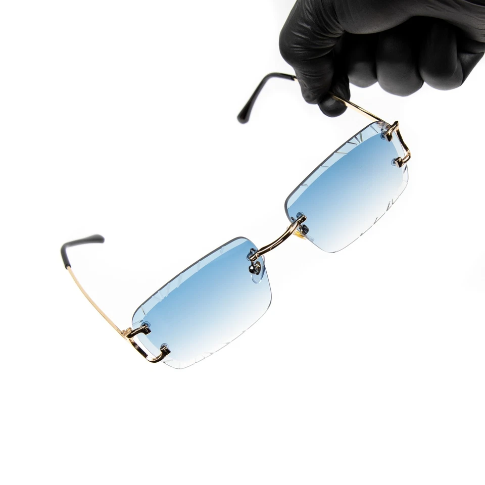 Gafas de sol rectangulares de lujo sin montura hip hop marco dorado tinte azul corte gema para hombre Foto 3 de 4