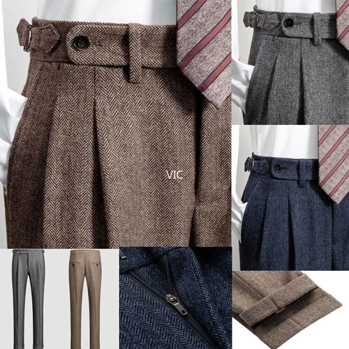 Retro Men's Tweed Herringbone Pants Woolen Casual Business Trousers Slim Fit UK - Picture 1 of 23