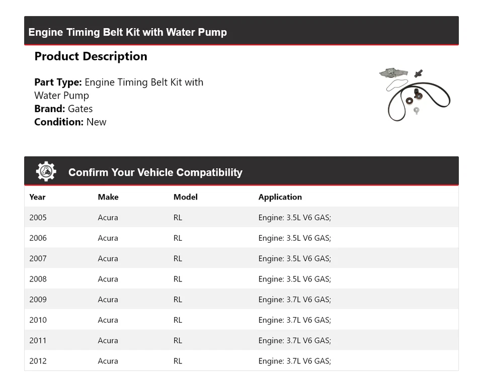 Kit de correa de distribución del motor Acura RL 2005-2012 con puertas de bomba de agua 2006 2007 Foto 2 de 4