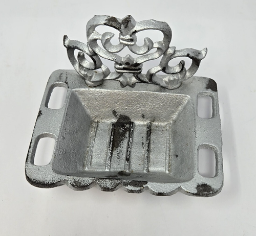 Vtg Cast Iron Wall Hanging Soap Dish Toothbrush Holder Ornate Scrollwork 6x4.5 - Picture 3 of 13