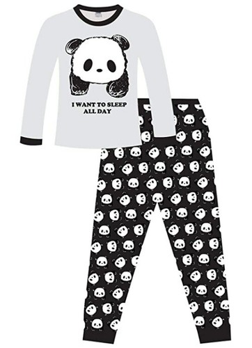 Girls I Want To Sleep All Day Panda Long Pyjamas Black And White Pj 7 