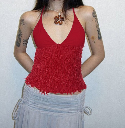 Ladies Vest Summer SEXY Tops Cami Backless Halter V neck Fluffy Furs Tank Shirts - Picture 8 of 23