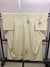 Japanese Vintage Kimono pure silk white bamboo tea kettle Height 59.44in