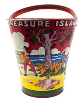 1950'S U.S Metal Toy Mfg Co Pirate Treasure Island Tin Sand Bucket / Pail 7.5"H