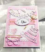 Personalised New Baby Card - Congratulations - Newborn Baby Girl Pink Gold Pram