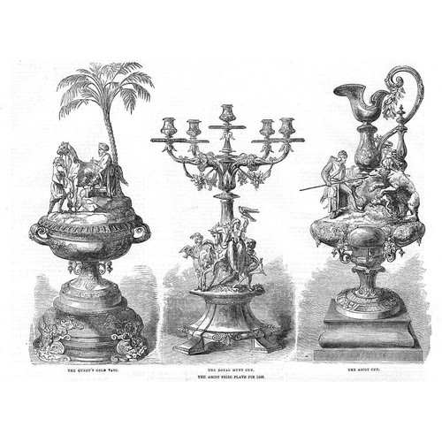 ASCOT HORSE RACE CUP Queens Gold Vase Royal Hunt Cup Ascot Cup - Old Print 1858