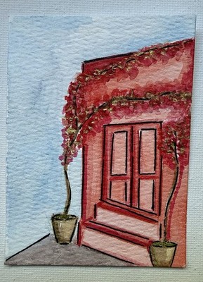 ACEO Original Monochromatic Cityscape W Gold Leaf Flowers ATC By Liz Benavides