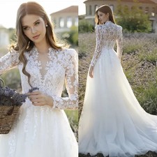 Lace Long Sleeves A Line Wedding Dresses Appliques Country Bridal Gowns V-Neck I