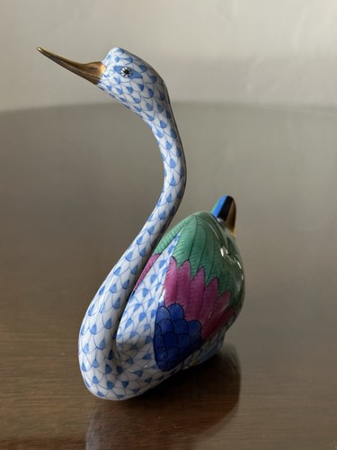 Rare Herend Blue Fishnet Figurine Long Neck Swan w/24k Gold Perfect! VHB 5193 - Picture 4 of 12