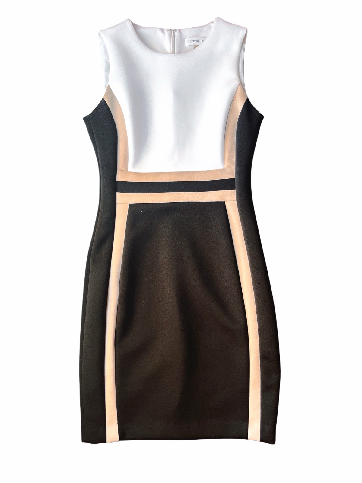 Calvin Klein Color Block Bodycon Dress White, Black, Tan Women's Size 4P EUC