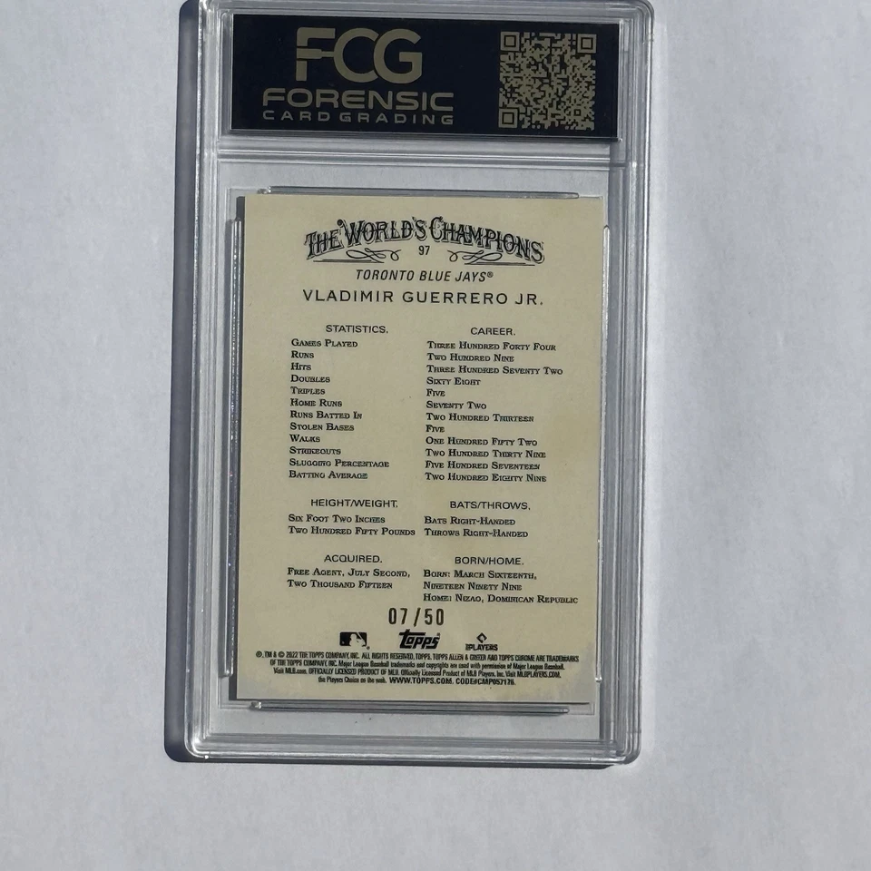 2022 Topps Allen & Ginter Chrome Vladimir Guerrero Jr Gold Refractor /50 - Image 2 of 2