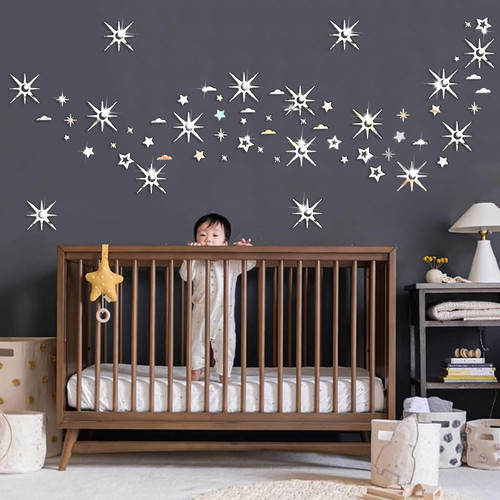 Star Wall Stickers 3D Acrylic Mirror Decors Peel and Stick Stars Silver