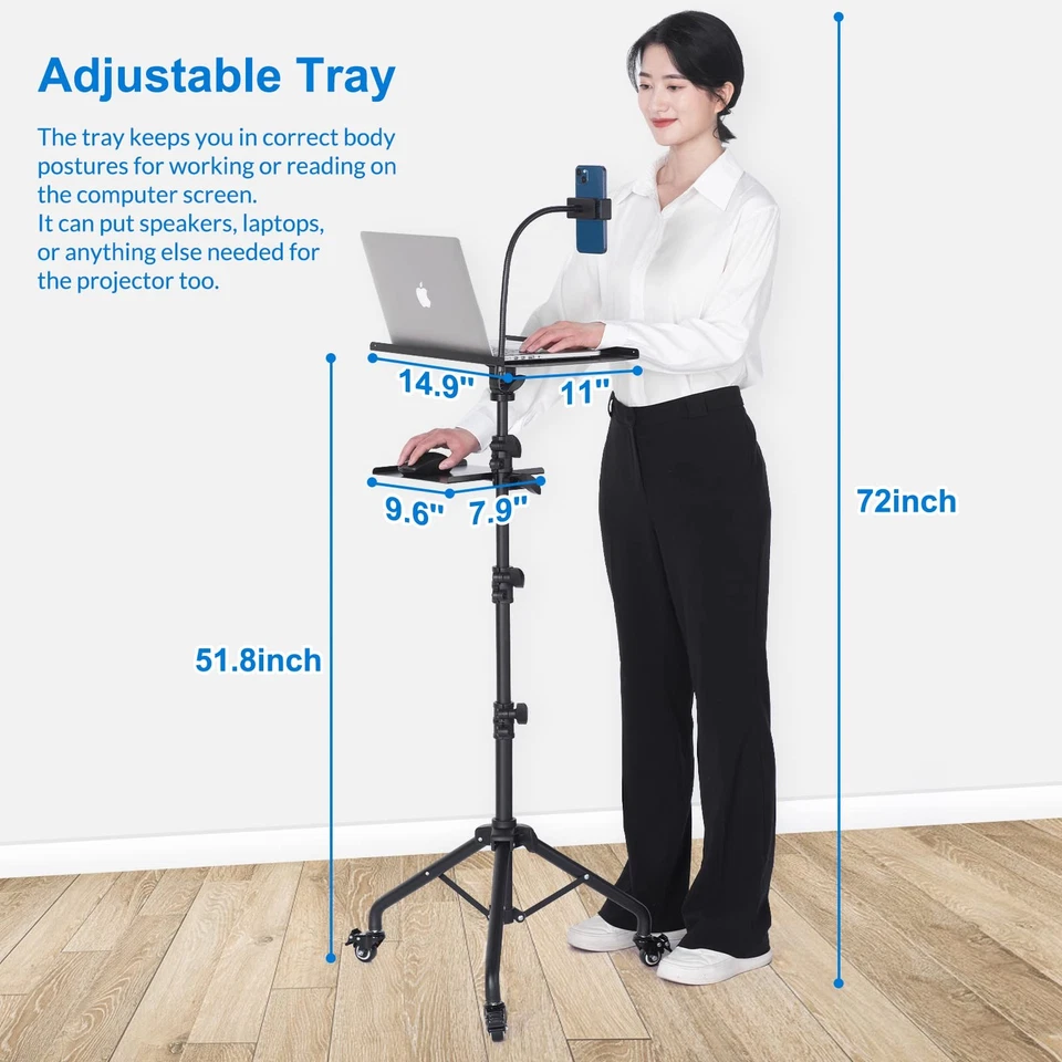 Laptop Tripod on Wheels with 2 Shelves, Portable Projector Floor Stand Adjust... - Imagem 2 de 4