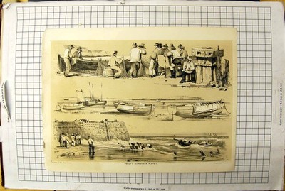 Original alter antiker Druck Prout'S Microcosm Teller Fischerboote Fischer