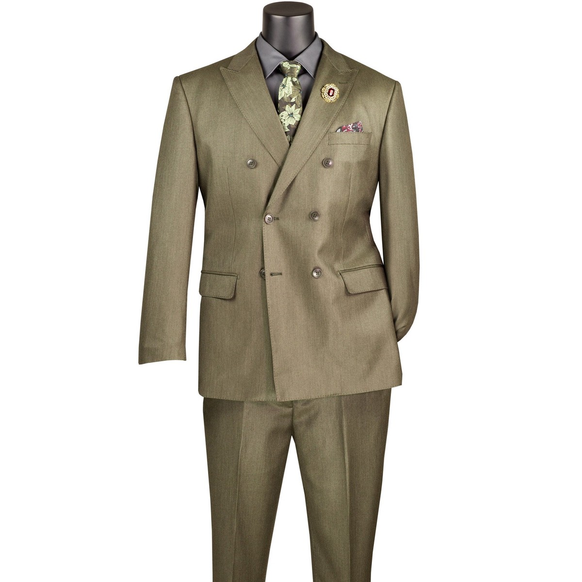 VINCI Men's Dusty Green Sharkskin Double-Breasted Suit w/ Flex