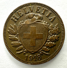 1918 B Switzerland Swiss 2 Rappen Coin, AU About Uncirculated