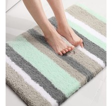Buganda Green/gray Striped microfiber bath mat, extra thick, soft 24 x 16 inches