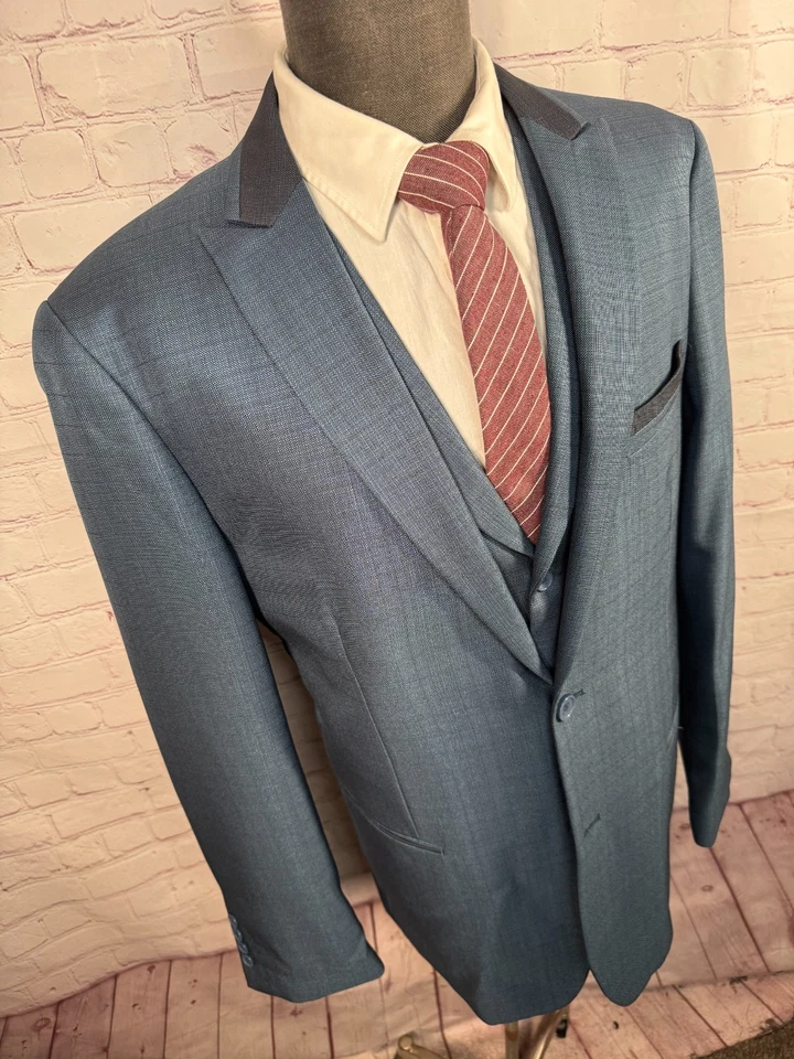 STUDIO FERERA Hombre Azul 2 Botones 3 Piezas Chaleco Traje 44L Chaqueta 37x32 Pantalón Foto 4 de 4