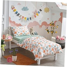 4 Pieces White Girls Toddler Bedding Set Orange Floral Style Colorful Flowers