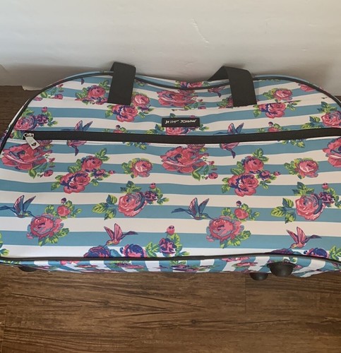 Betsey Johnson Carry-On Rolling Duffle Bag Floral Stripe Blue, Pink New - Picture 5 of 11