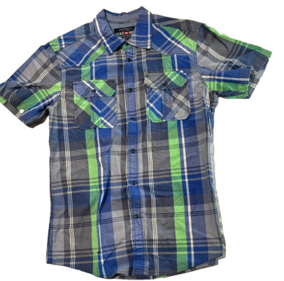 Ecko Unltd. Button Up Shirt Men's Size M Short Sleeve Blue Green Classic