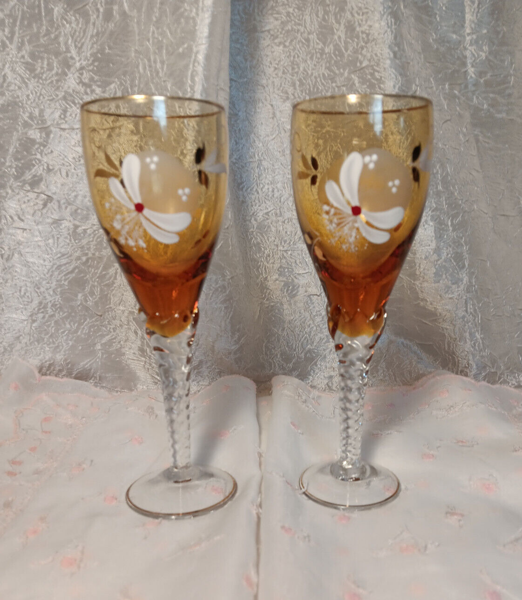 2 Amber Twist Stem Hand Painted Wine Glasses Pair Set | eBay