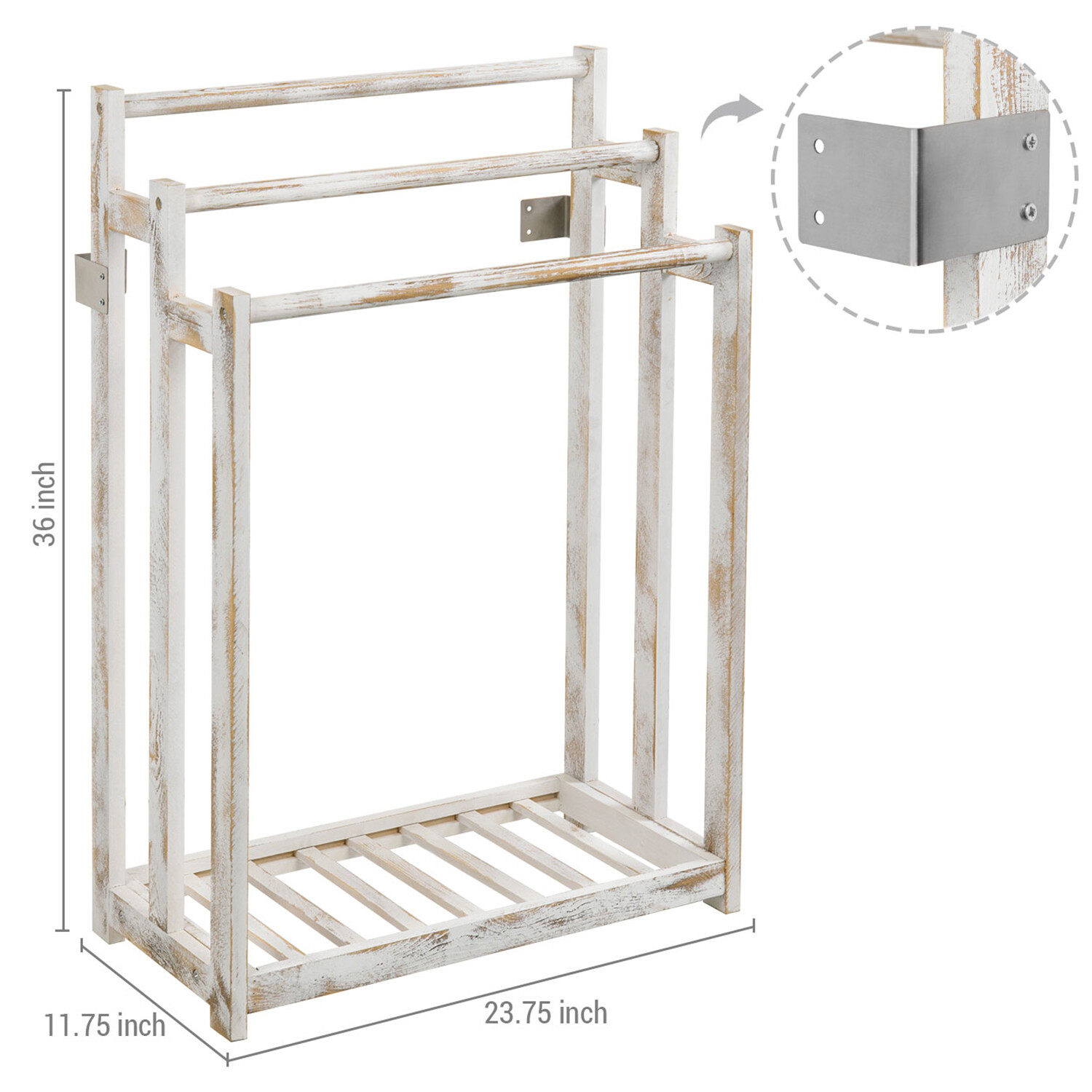 MyGift 3 Bar Whitewashed Wood Bathroom Towel Drying Rack with Bottom Shelf